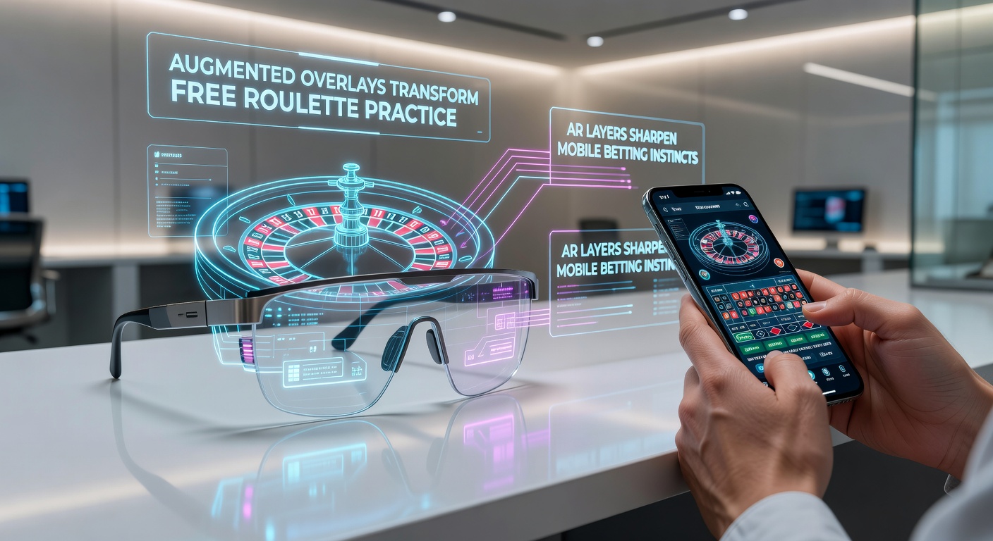 Gebruiker houdt smartphone vast met AR-bril-integratie, overlay toont roulette-inzetopties en real-time statistieken over een fysiek roulettetafel-simulatie