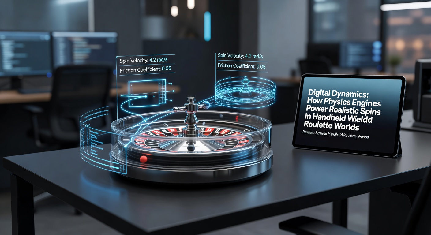 Een gedetailleerde weergave van een mobiele roulette-app waarin een physics engine de bal laat draaien met realistische fysica, inclusief wrijving en stuiters op het wiel