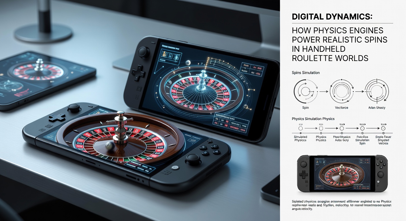 Close-up van een physics engine-simulatie in een roulette-app, met visualisaties van krachten, trajecten en collision-points op een draaiend wiel in een mobiele interface