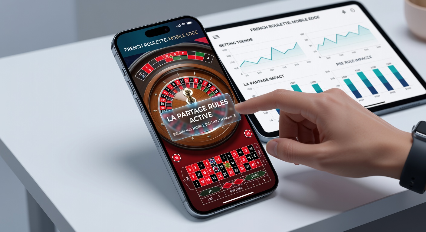 Mobiele app-interface van Franse roulette met La Partage-icoon en live dealer, toon inzetopties en halved terugbetaling