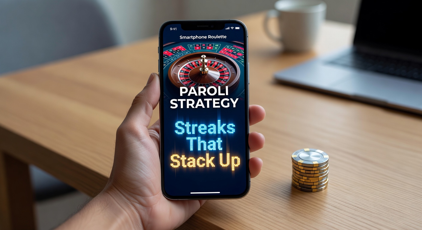Smartphone scherm met roulette wiel en Paroli inzetreeks in actie, streaks zichtbaar op het display