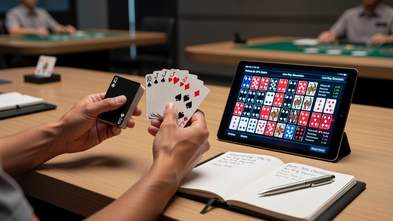 Gebruiker die op een tablet dealerbewegingen analyseert tijdens een korte mobiele training