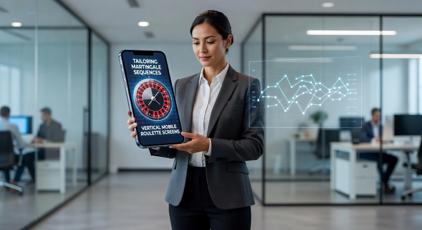 Verticale mobiele roulette-interface met Martingale-inzetsequentie zichtbaar op een smartphone in portrait-modus, duimvriendelijke knoppen en een lopende dobbelsteenreeks