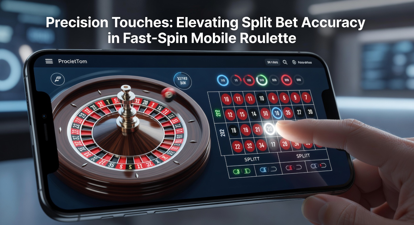 Close-up van een duim die een split bet plaatst op een roterend mobiel roulettewiel, met focus op touchscreen-precisie