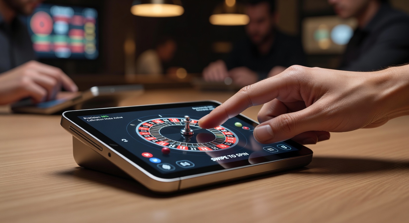 Een close-up van een duim die een precisie-swipe uitvoert op een mobiel roulette-scherm, met focus op de roulette-wheel en inzetopties
