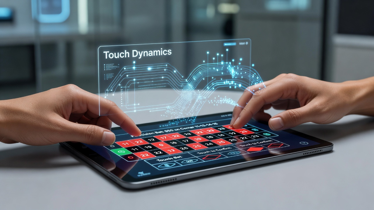 Close-up van een tablet met mobiele roulette waarbij touch druk wordt toegepast voor precieze inzetten